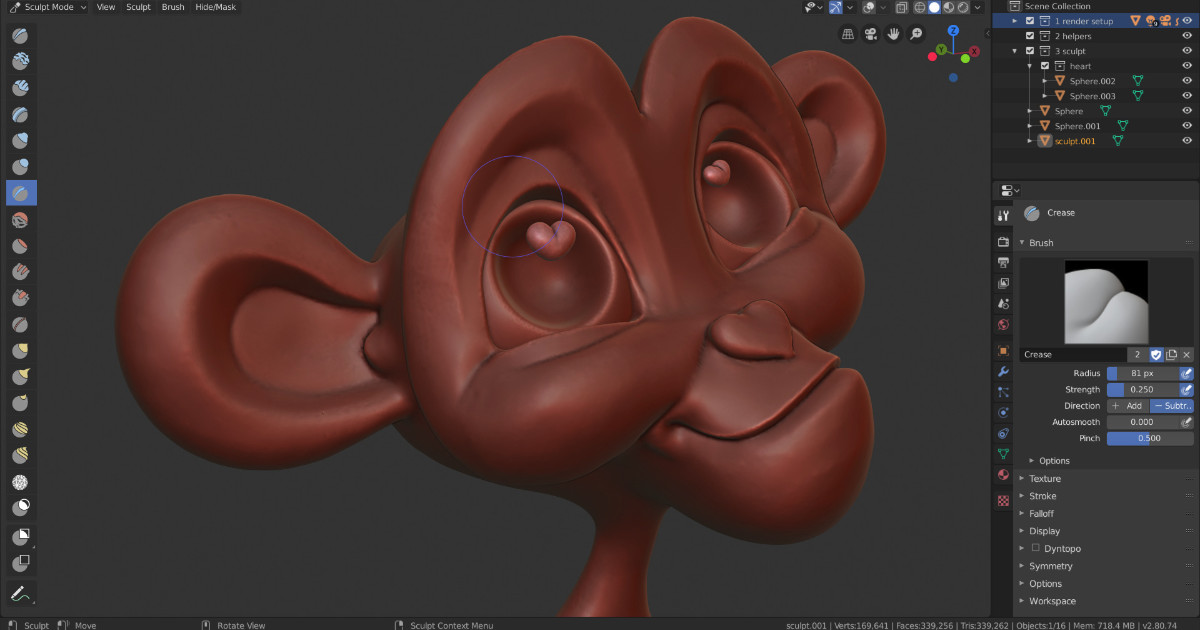 Visar en skärmdump på blender där en apa modeleras.