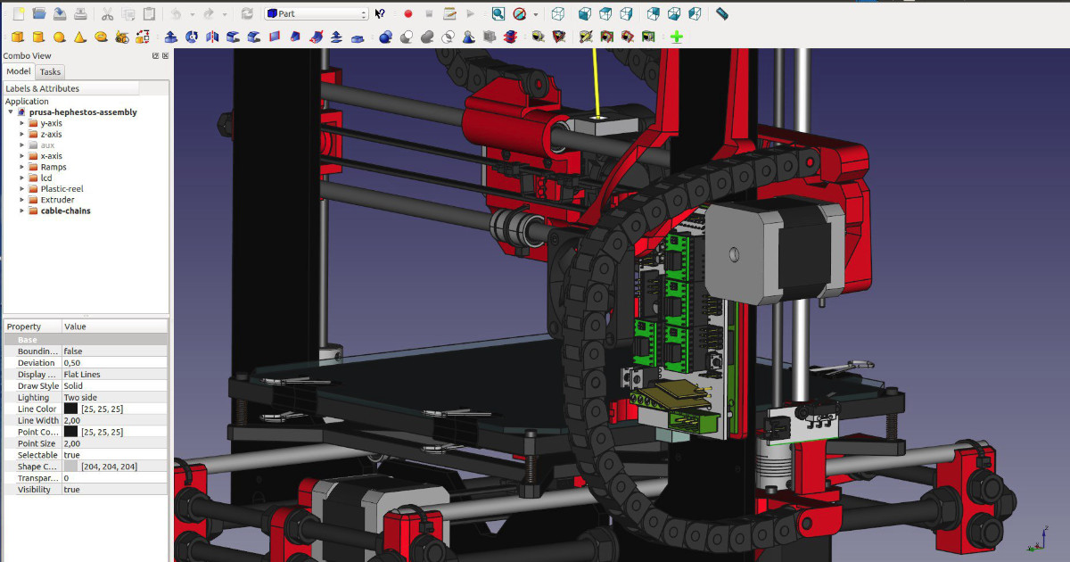Visar en skärmdump på FreeCAS där en 3d-skrivare modeleras.