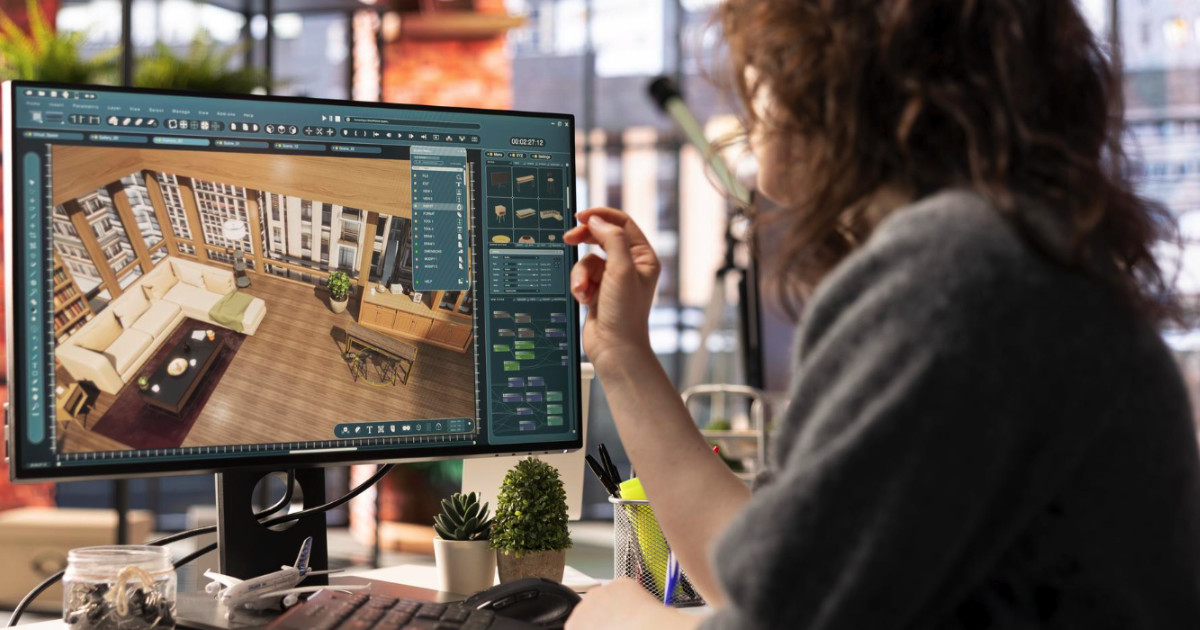 Visar en kvinna som använder ett CAD program.